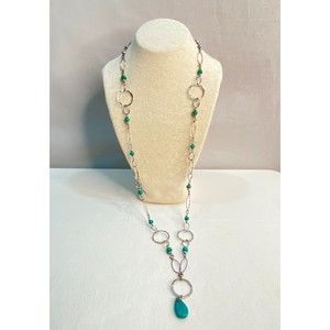Turquoise Color Bead And Chain Opera Open Work Necklace